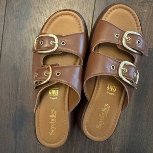 Seychelles Tan Leather Slides with Gold Buckles